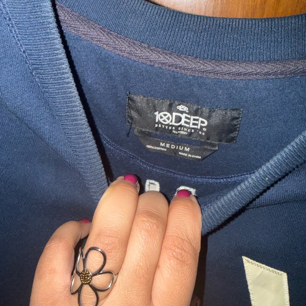 10.Deep Navy Crewneck Sweater with Cream Patch Detail - Picture 4 of 4